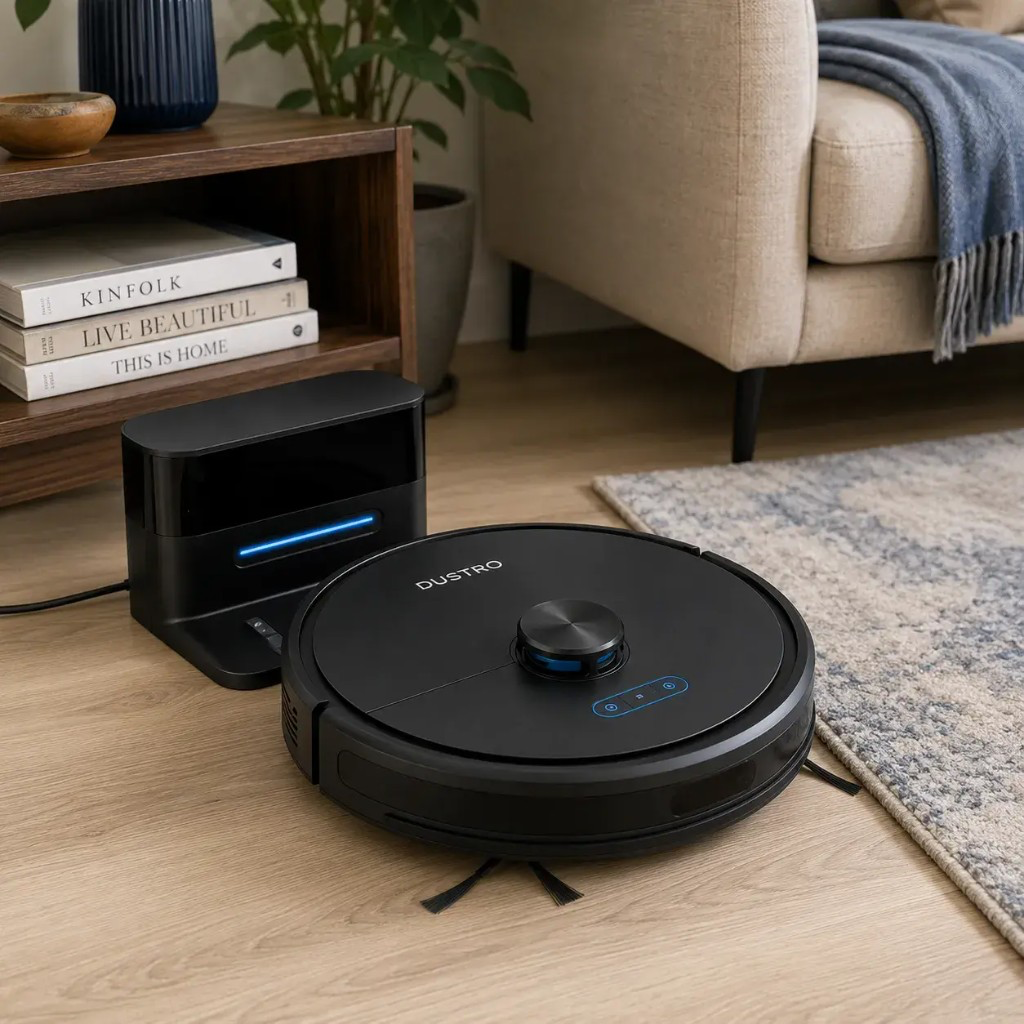 Dustro™ covers up to your home per charge with quiet 52 dB operation