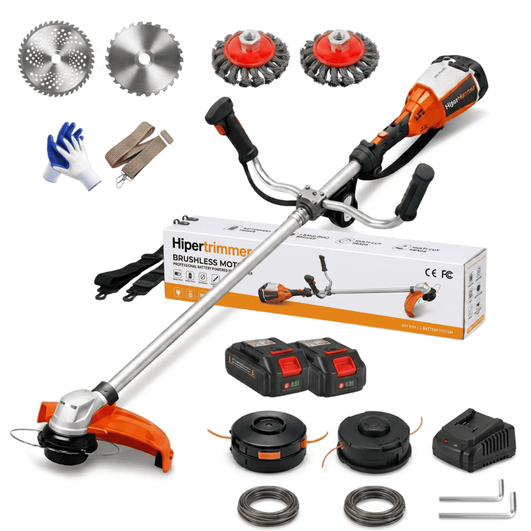HyperTrimmer — brushless battery trimmer with dual lithium batteries, 3 interchangeable cutting heads and ergonomic harness