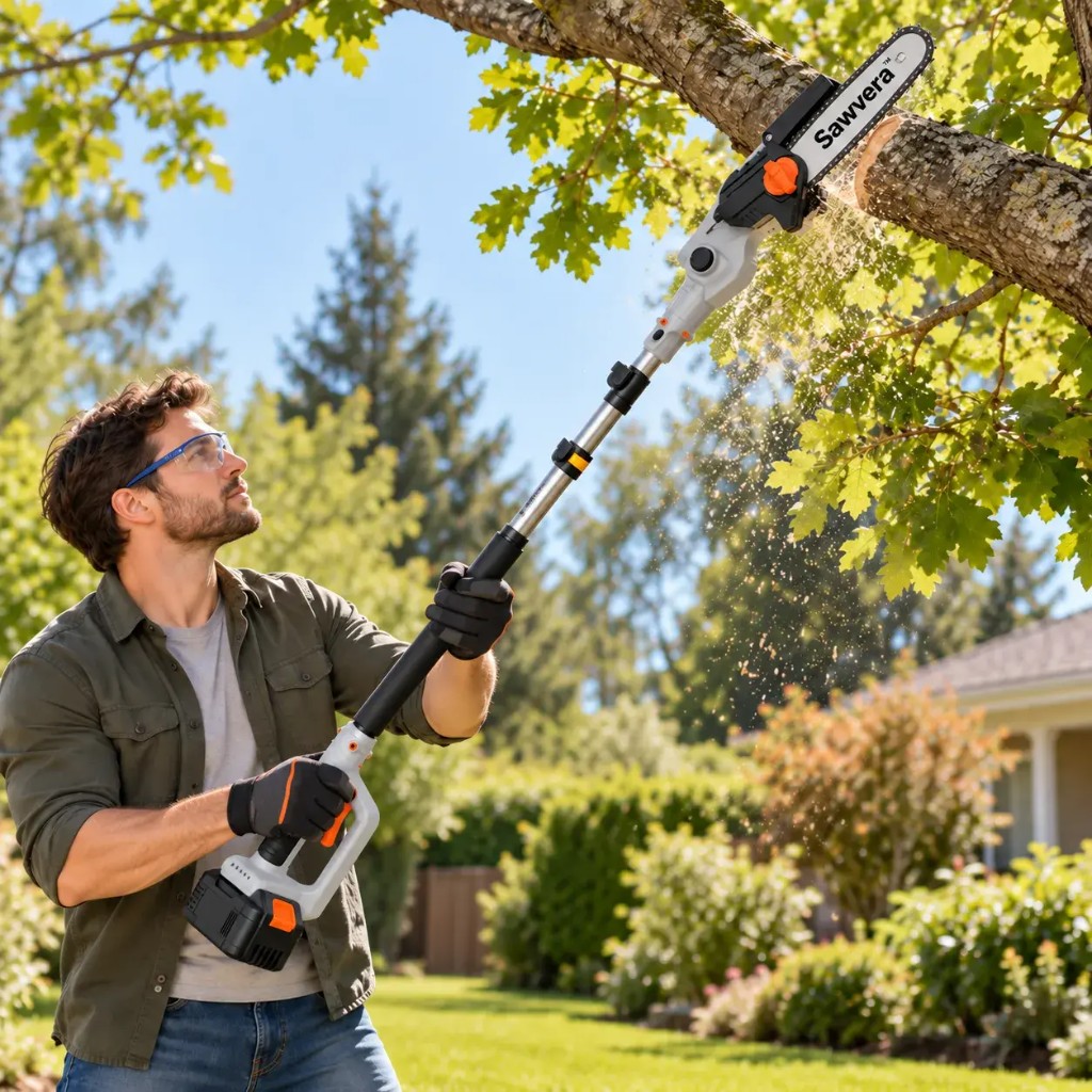 Uomo che taglia un ramo con Sawvera™ a una mano