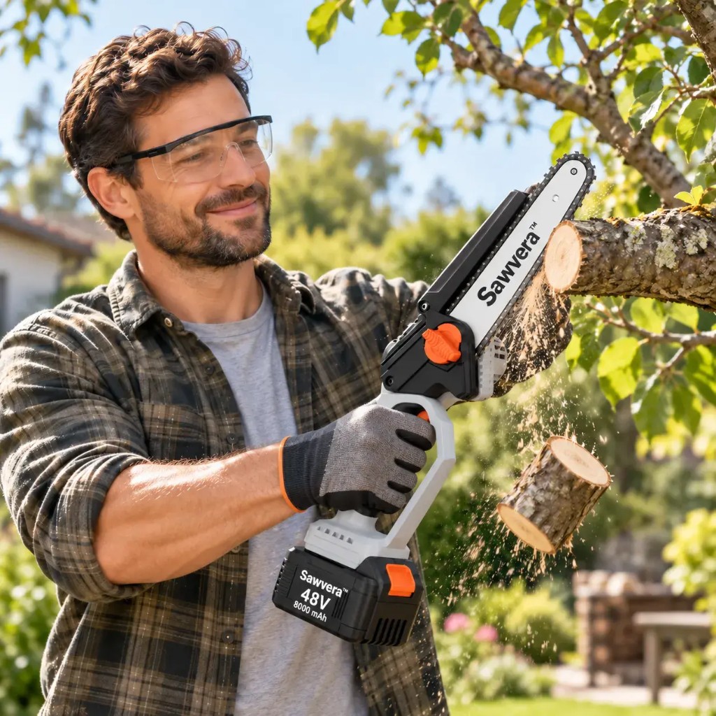 Uomo che taglia un ramo con Sawvera™ a una mano in giardino